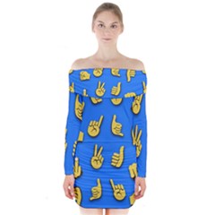 Emojis Hands Fingers Background Long Sleeve Off Shoulder Dress by Celenk