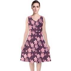 Cherry Blossoms Japanese Style Pink V-neck Midi Sleeveless Dress 