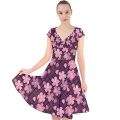 Cherry Blossoms Japanese Style Pink Cap Sleeve Front Wrap Midi Dress