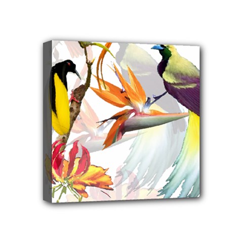 Exotic Birds Of Paradise And Flowers Watercolor Mini Canvas 4  X 4  by TKKdesignsCo