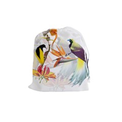 Exotic Birds Of Paradise And Flowers Watercolor Drawstring Pouches (medium)  by TKKdesignsCo