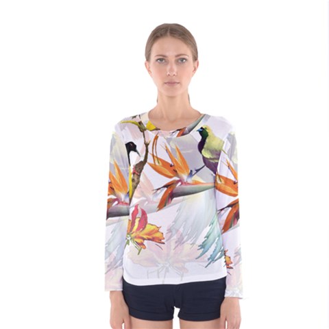 Exotic Birds Of Paradise And Flowers Watercolor Women s Long Sleeve Tee by TKKdesignsCo