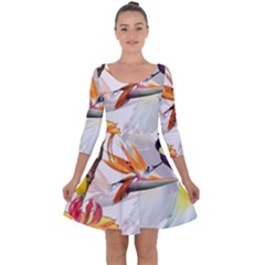 Exotic Birds Of Paradise And Flowers Watercolor Quarter Sleeve Skater Dress