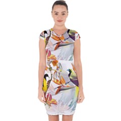 Exotic Birds Of Paradise And Flowers Watercolor Capsleeve Drawstring Dress  by TKKdesignsCo