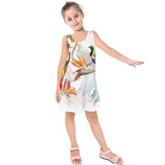 Exotic Birds Of Paradise And Flowers Watercolor Kids  Sleeveless Dress by TKKdesignsCo