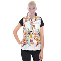 Exotic Birds Of Paradise And Flowers Watercolor Women s Button Up Puffer Vest