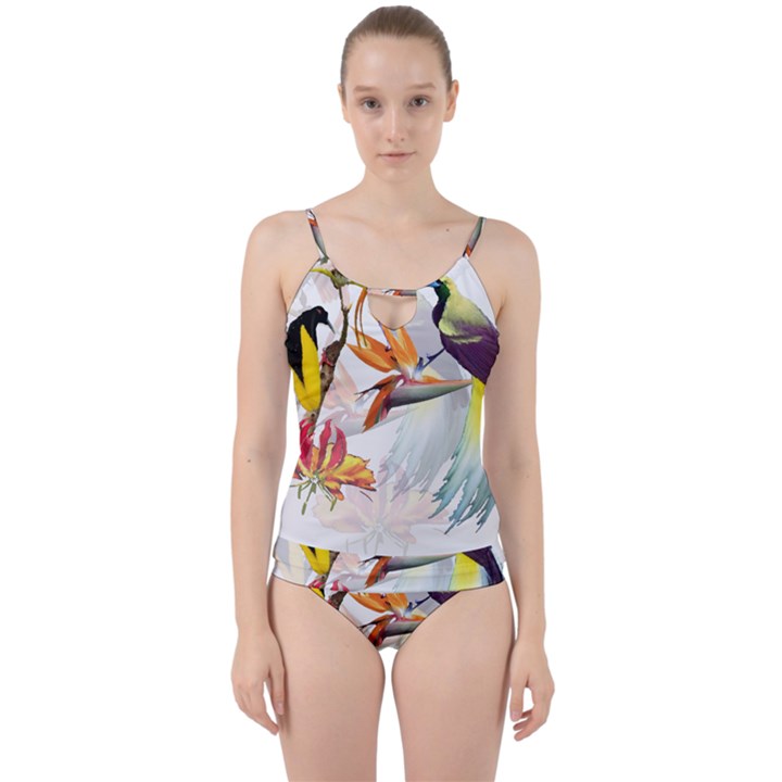 Exotic Birds of Paradise and Flowers Watercolor Cut Out Top Tankini Set