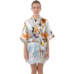 Exotic Birds Of Paradise And Flowers Watercolor Quarter Sleeve Kimono Robe by TKKdesignsCo