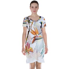 Exotic Birds Of Paradise And Flowers Watercolor Short Sleeve Nightdress by TKKdesignsCo