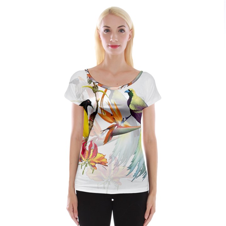 Exotic Birds of Paradise and Flowers Watercolor Cap Sleeve Tops