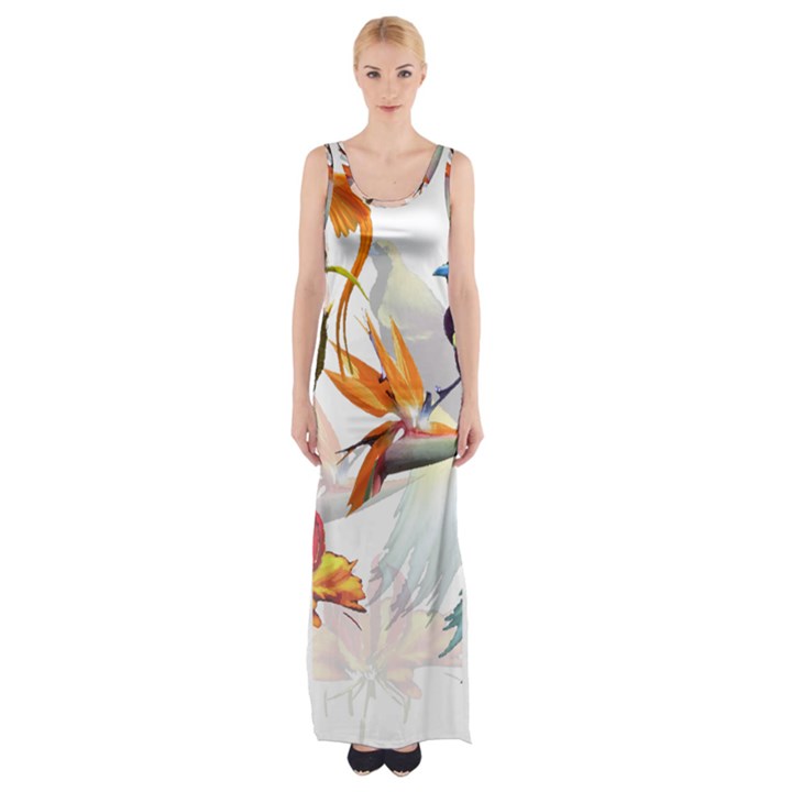 Exotic Birds of Paradise and Flowers Watercolor Maxi Thigh Split Dress