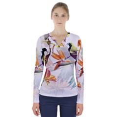 Exotic Birds Of Paradise And Flowers Watercolor V-neck Long Sleeve Top