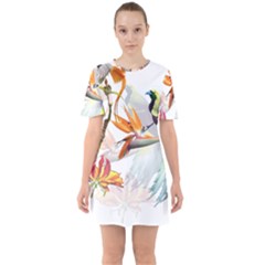 Exotic Birds Of Paradise And Flowers Watercolor Sixties Short Sleeve Mini Dress by TKKdesignsCo