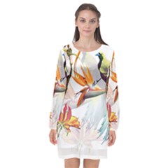 Exotic Birds Of Paradise And Flowers Watercolor Long Sleeve Chiffon Shift Dress  by TKKdesignsCo