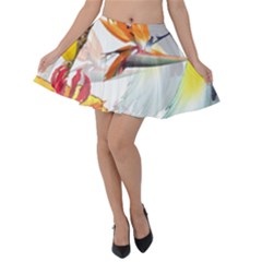 Exotic Birds Of Paradise And Flowers Watercolor Velvet Skater Skirt