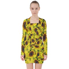 Sun Flower Pattern Background V-neck Bodycon Long Sleeve Dress