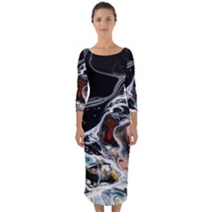 Abstract Flow River Black Quarter Sleeve Midi Bodycon Dress