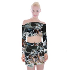 Abstract Flow River Black Off Shoulder Top With Mini Skirt Set