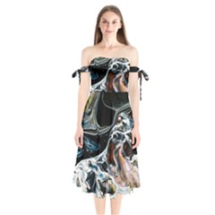 Abstract Flow River Black Shoulder Tie Bardot Midi Dress by Celenk