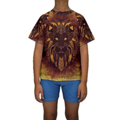 Lion Wild Animal Abstract Kids  Short Sleeve Swimwear by Celenk