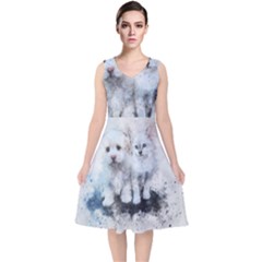 Cat Dog Cute Art Abstract V-neck Midi Sleeveless Dress 