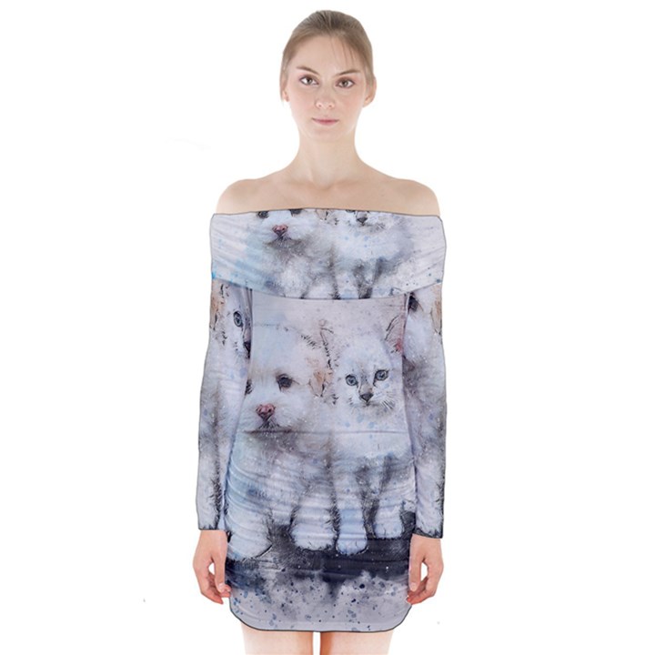 Cat Dog Cute Art Abstract Long Sleeve Off Shoulder Dress