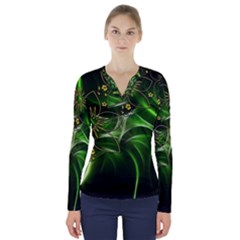 Flora Entwine Fractals Flowers V-neck Long Sleeve Top by Celenk