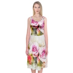 Flower Roses Art Abstract Midi Sleeveless Dress by Celenk