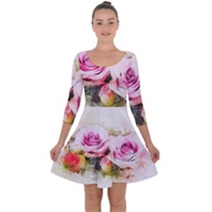 Flower Roses Art Abstract Quarter Sleeve Skater Dress