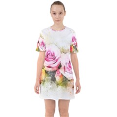 Flower Roses Art Abstract Sixties Short Sleeve Mini Dress