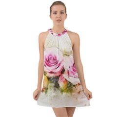 Flower Roses Art Abstract Halter Tie Back Chiffon Dress