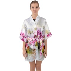 Flower Roses Art Abstract Quarter Sleeve Kimono Robe