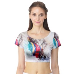 Cat Kitty Animal Art Abstract Short Sleeve Crop Top by Celenk