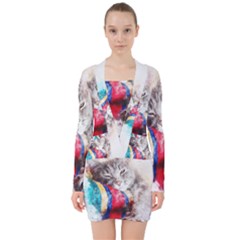 Cat Kitty Animal Art Abstract V-neck Bodycon Long Sleeve Dress