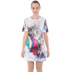 Cat Kitty Animal Art Abstract Sixties Short Sleeve Mini Dress by Celenk