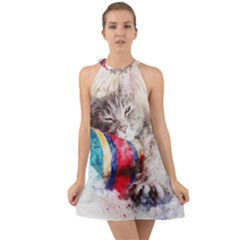 Cat Kitty Animal Art Abstract Halter Tie Back Chiffon Dress