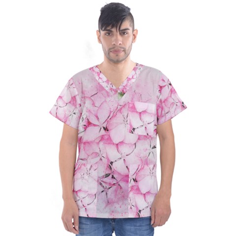 Flower Pink Art Abstract Nature Men s V-neck Scrub Top by Celenk