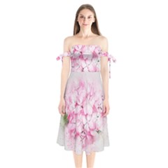 Flower Pink Art Abstract Nature Shoulder Tie Bardot Midi Dress by Celenk