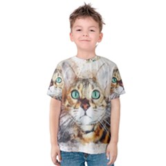 Cat Animal Art Abstract Watercolor Kids  Cotton Tee