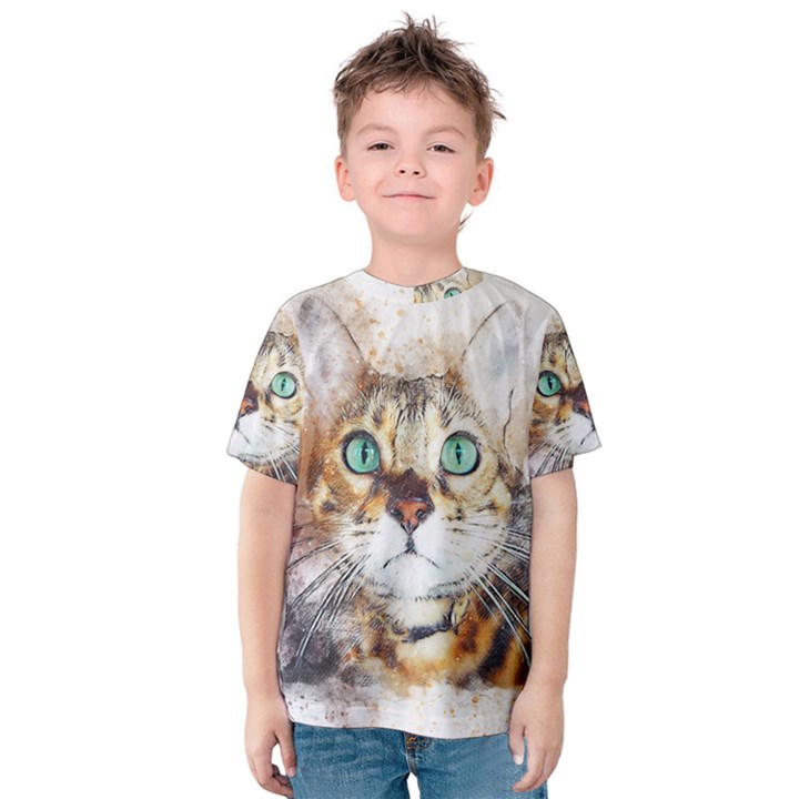 Cat Animal Art Abstract Watercolor Kids  Cotton Tee