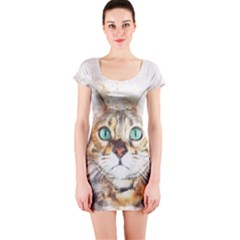 Cat Animal Art Abstract Watercolor Short Sleeve Bodycon Dress by Celenk