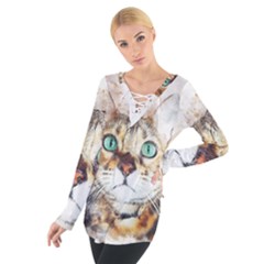 Cat Animal Art Abstract Watercolor Tie Up Tee by Celenk