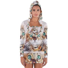 Cat Animal Art Abstract Watercolor Long Sleeve Hooded T-shirt by Celenk