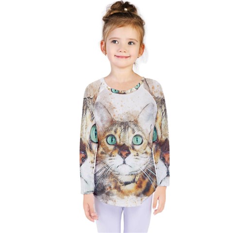 Cat Animal Art Abstract Watercolor Kids  Long Sleeve Tee by Celenk