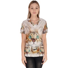 Cat Animal Art Abstract Watercolor Scrub Top