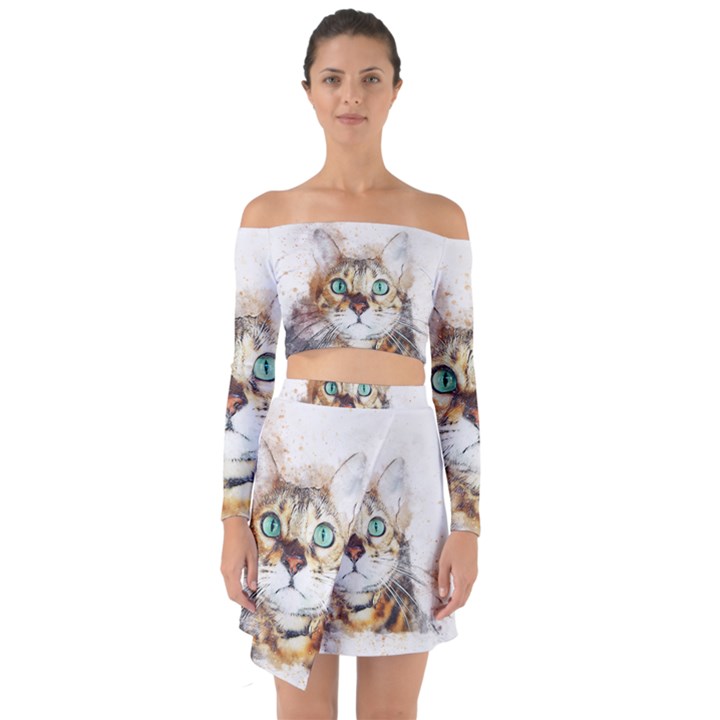 Cat Animal Art Abstract Watercolor Off Shoulder Top with Skirt Set