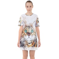 Cat Animal Art Abstract Watercolor Sixties Short Sleeve Mini Dress by Celenk