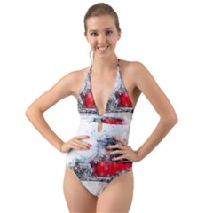 Car Old Car Art Abstract Halter Cut-out One Piece Swimsuit