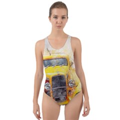 Car Old Art Abstract Cut-out Back One Piece Swimsuit