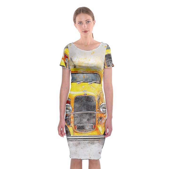 Car Old Art Abstract Classic Short Sleeve Midi Dress